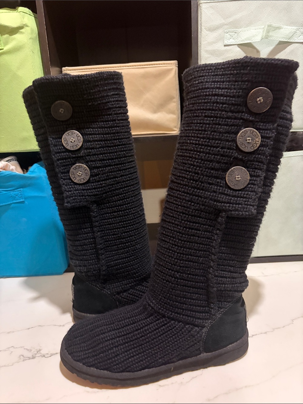 UGG Black Knit Button Mid-Calf Heeled Boots